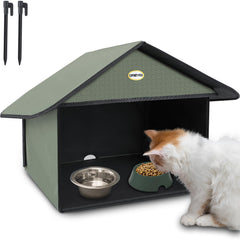 Dreyoo outdoor cat feeding station with weatherproof roof protects food from rain