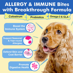 DRFOSTER Dog Allergy Relief Chews ingredients chart emphasizes colostrum, probiotics, omega benefits