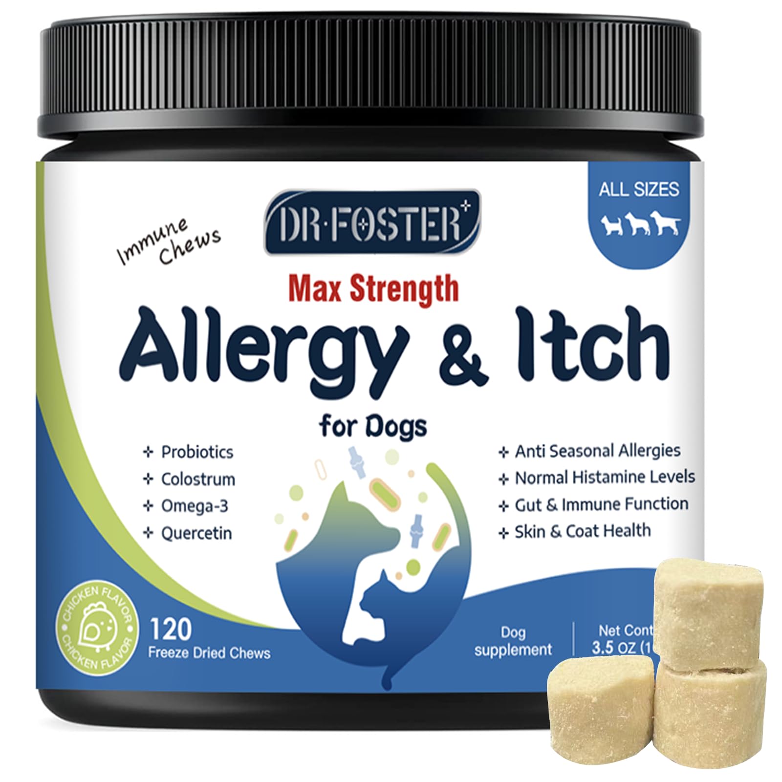 DRFOSTER Dog Allergy Relief Chews pack shot highlights immune-support formula for dogs