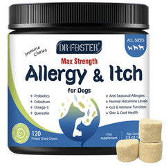 DRFOSTER Dog Allergy Relief Chews pack shot highlights immune-support formula for dogs