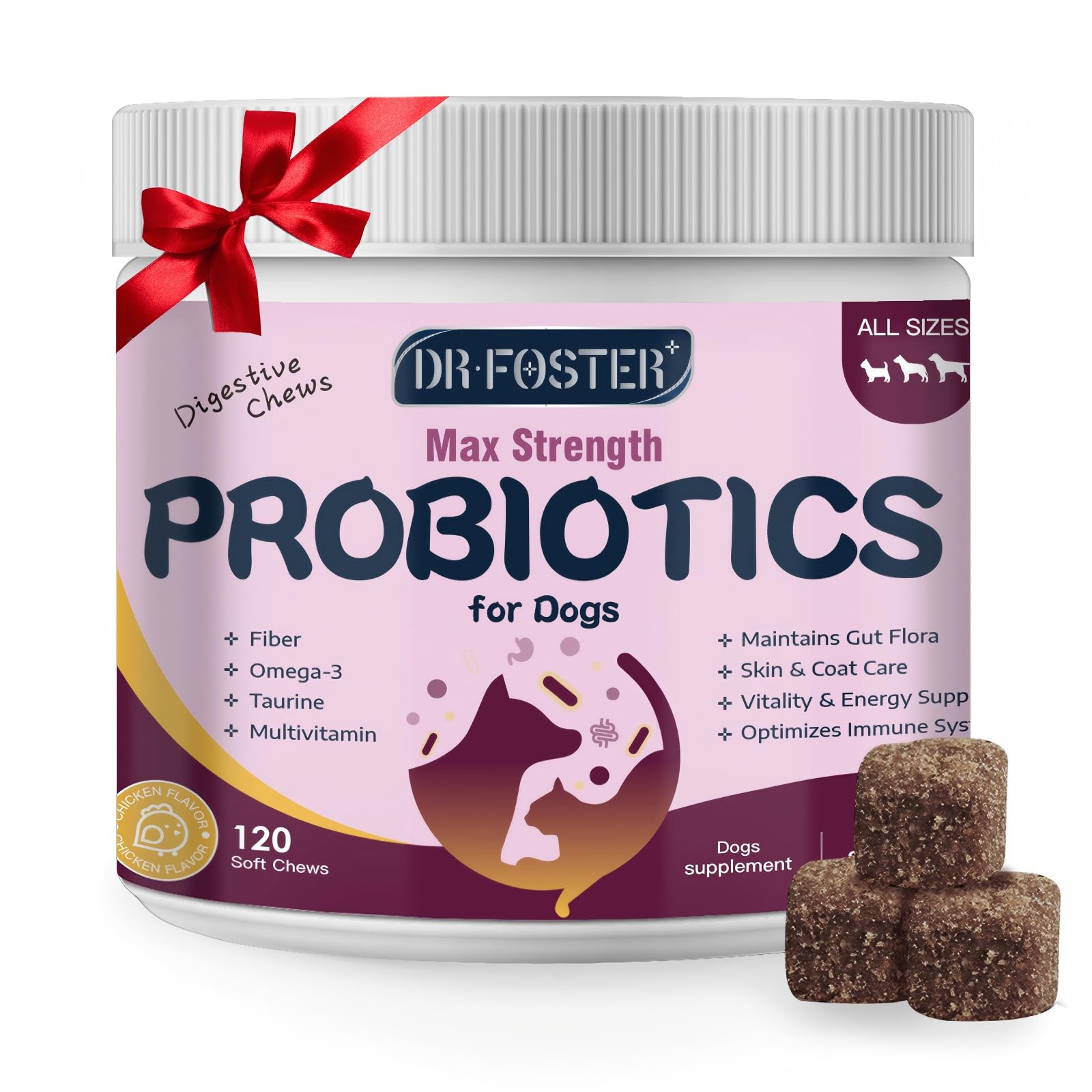 DRFOSTER Probiotics for Dogs bottle pour shows easy daily gut support.