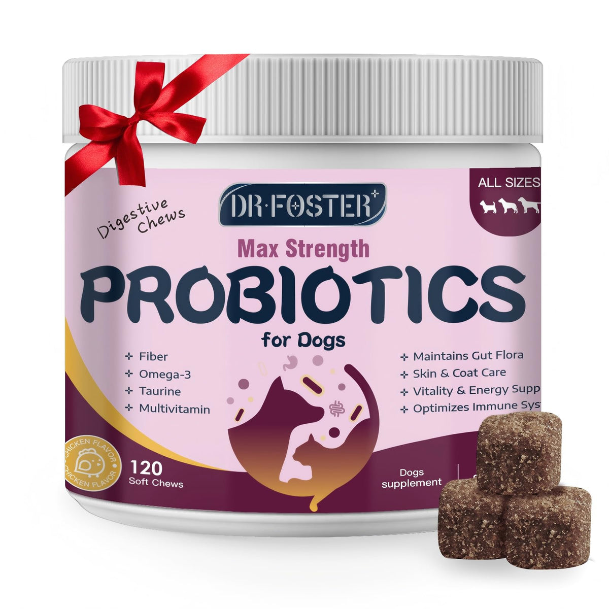 DRFOSTER Probiotics for Dogs bottle pour shows easy daily gut support.