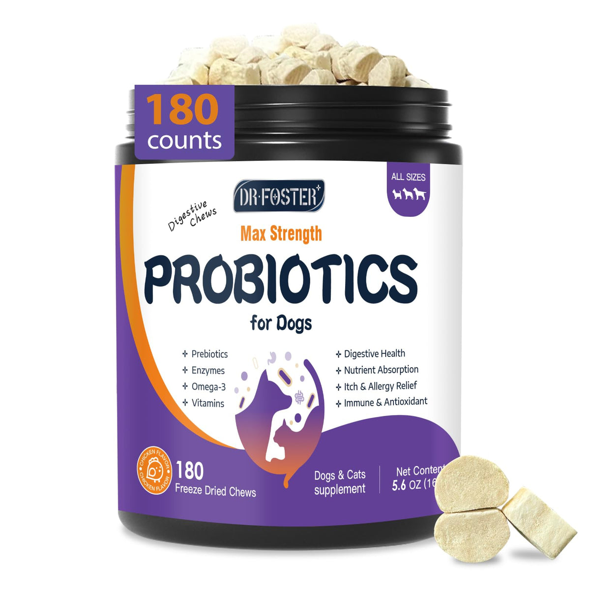 DRFOSTER Probiotics for Dogs bottle with crunchy chews promoting gut health