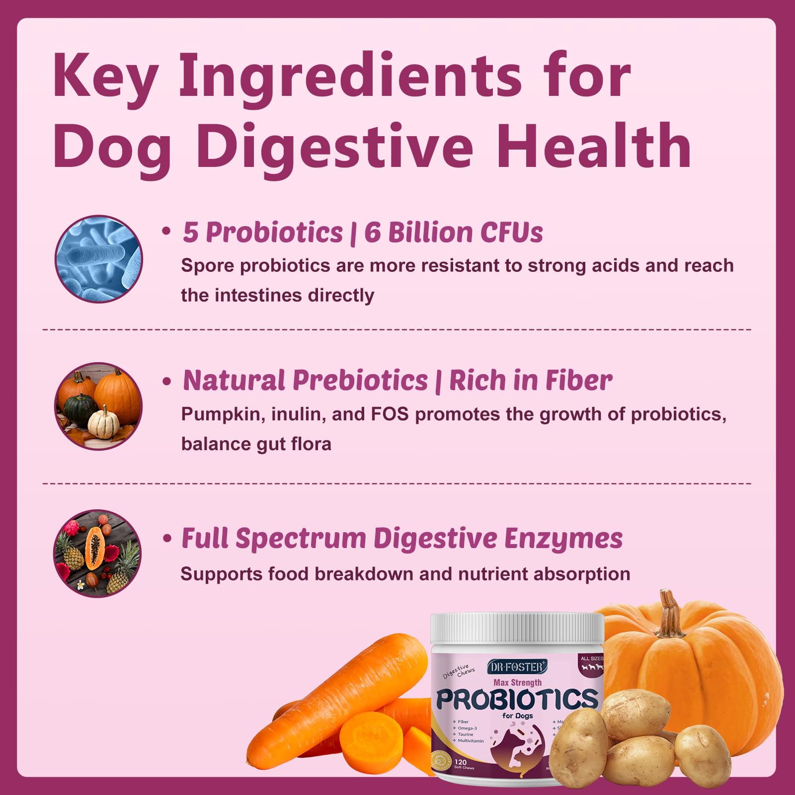 DRFOSTER probiotics ingredients include prebiotics and pumpkin for gut health.