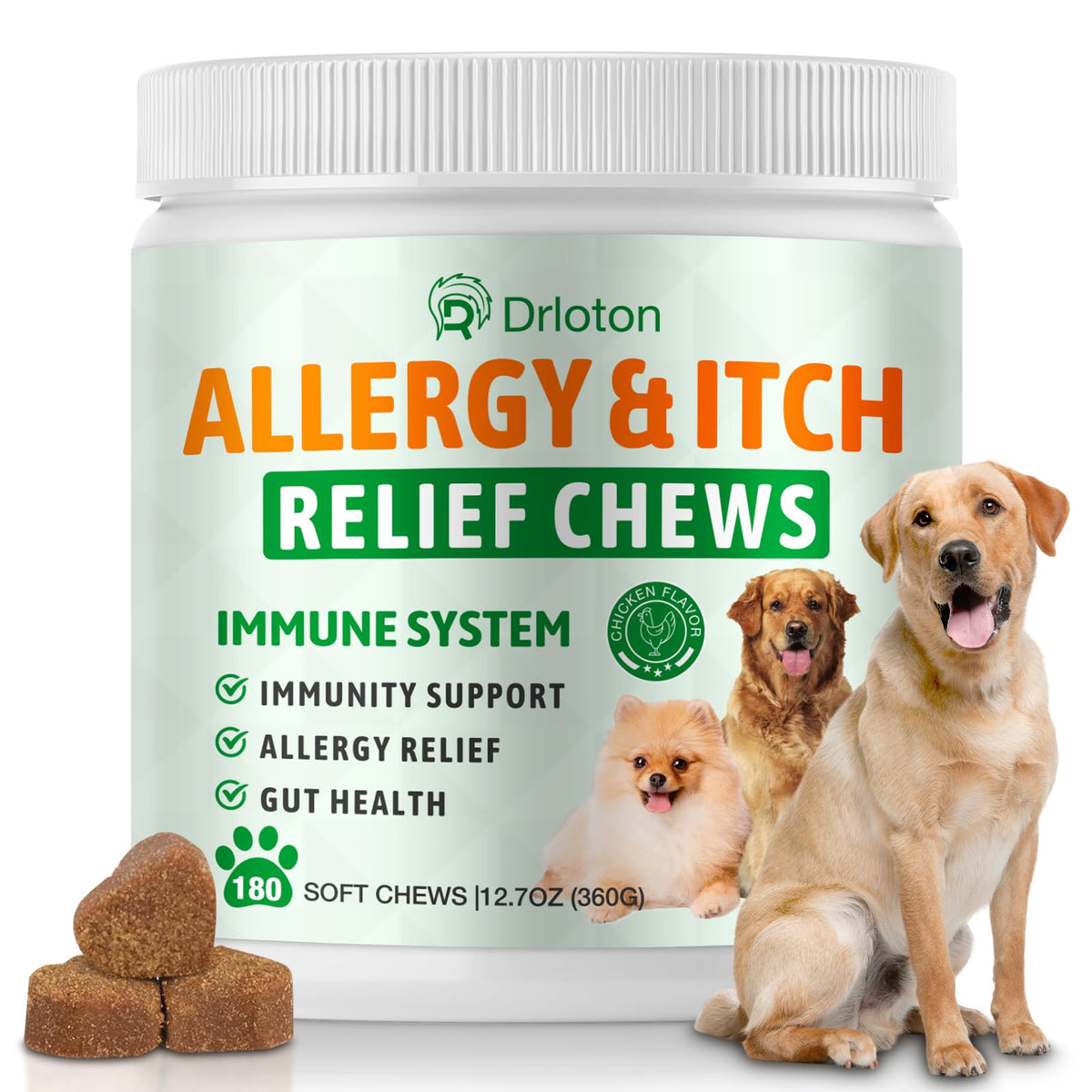 Drloton dog allergy chews bottle close-up for easy daily use and dosing