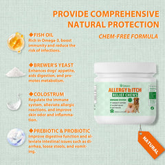 Drloton dog allergy chews ingredients label with omega-3s and probiotics