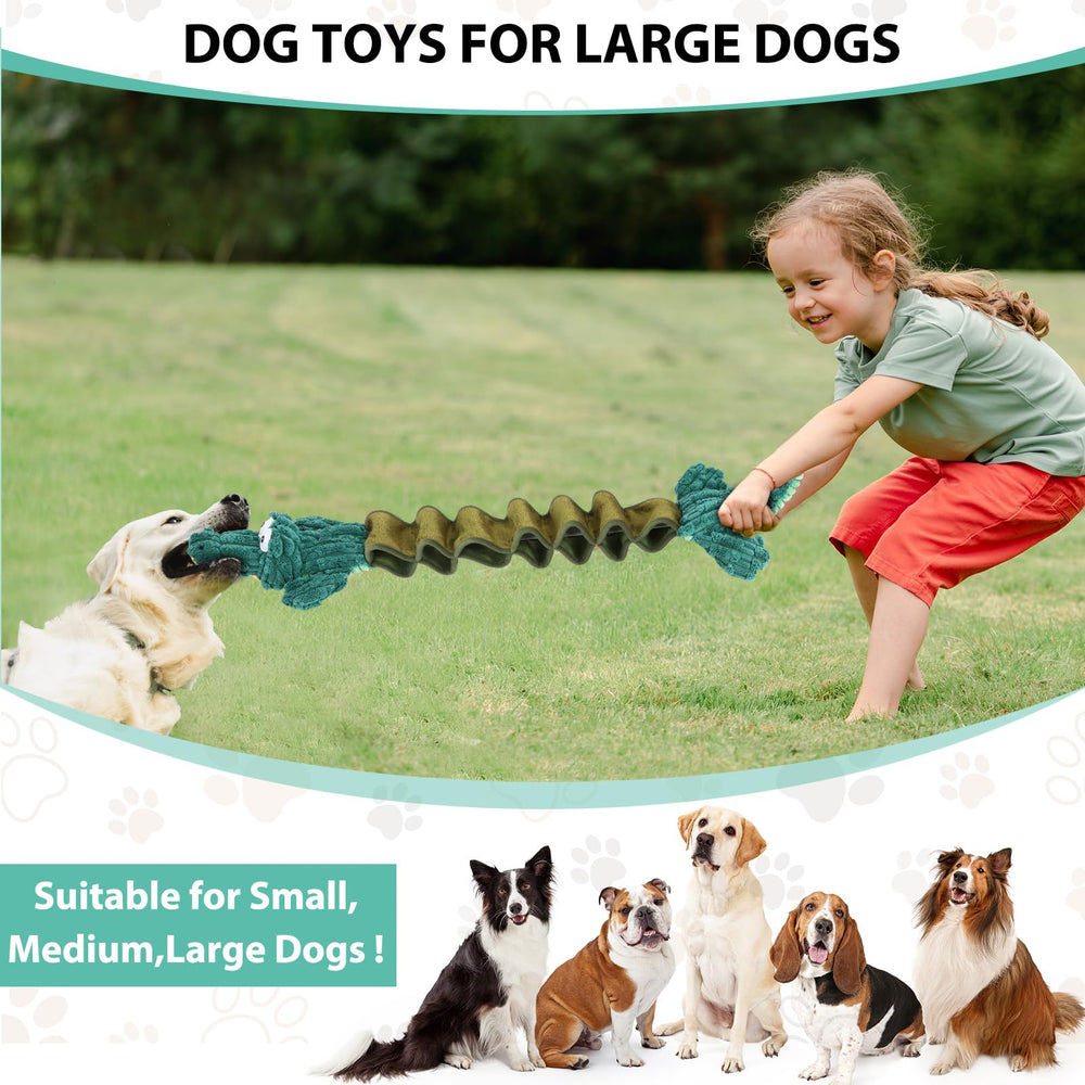 Drmstow squeaky plush dog toy mid-toss with interior crinkle-like sound.