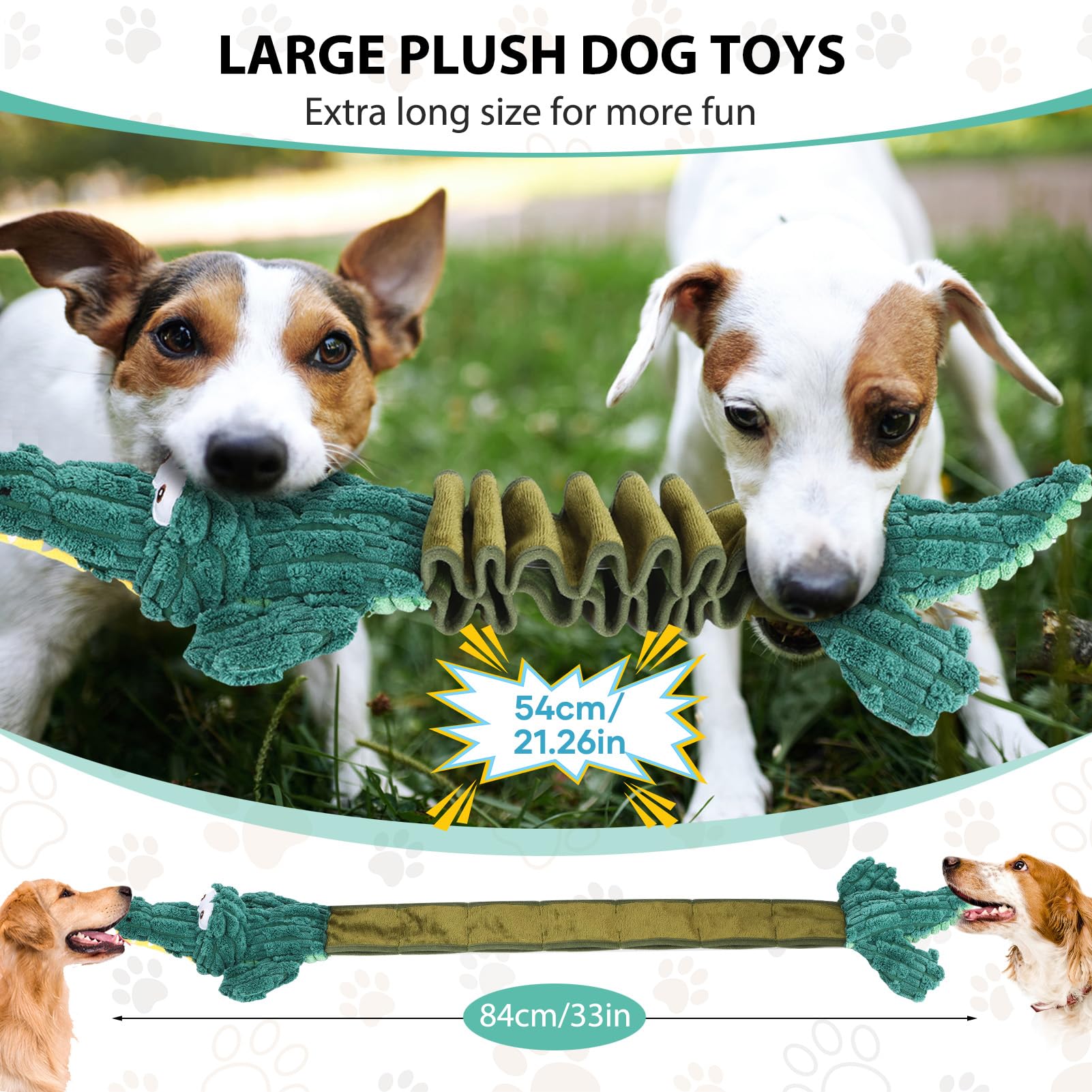 Drmstow squeaky plush dog toy shown in various sizes for different dogs.