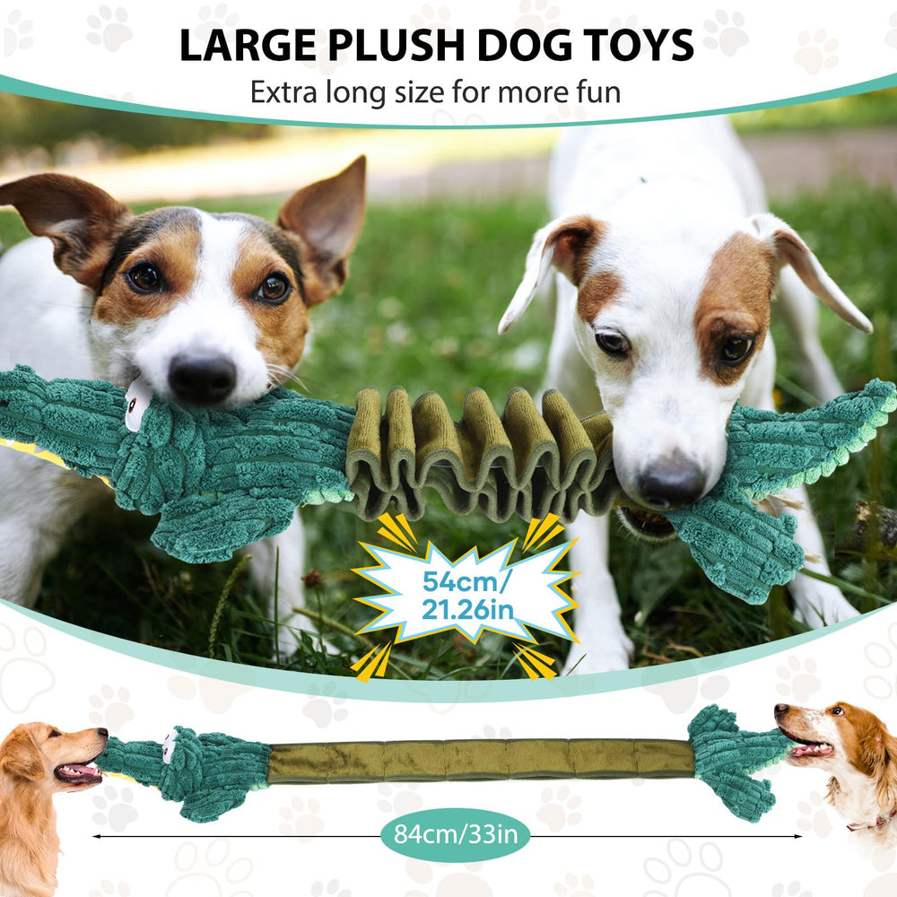 Drmstow squeaky plush dog toy shown in various sizes for different dogs.