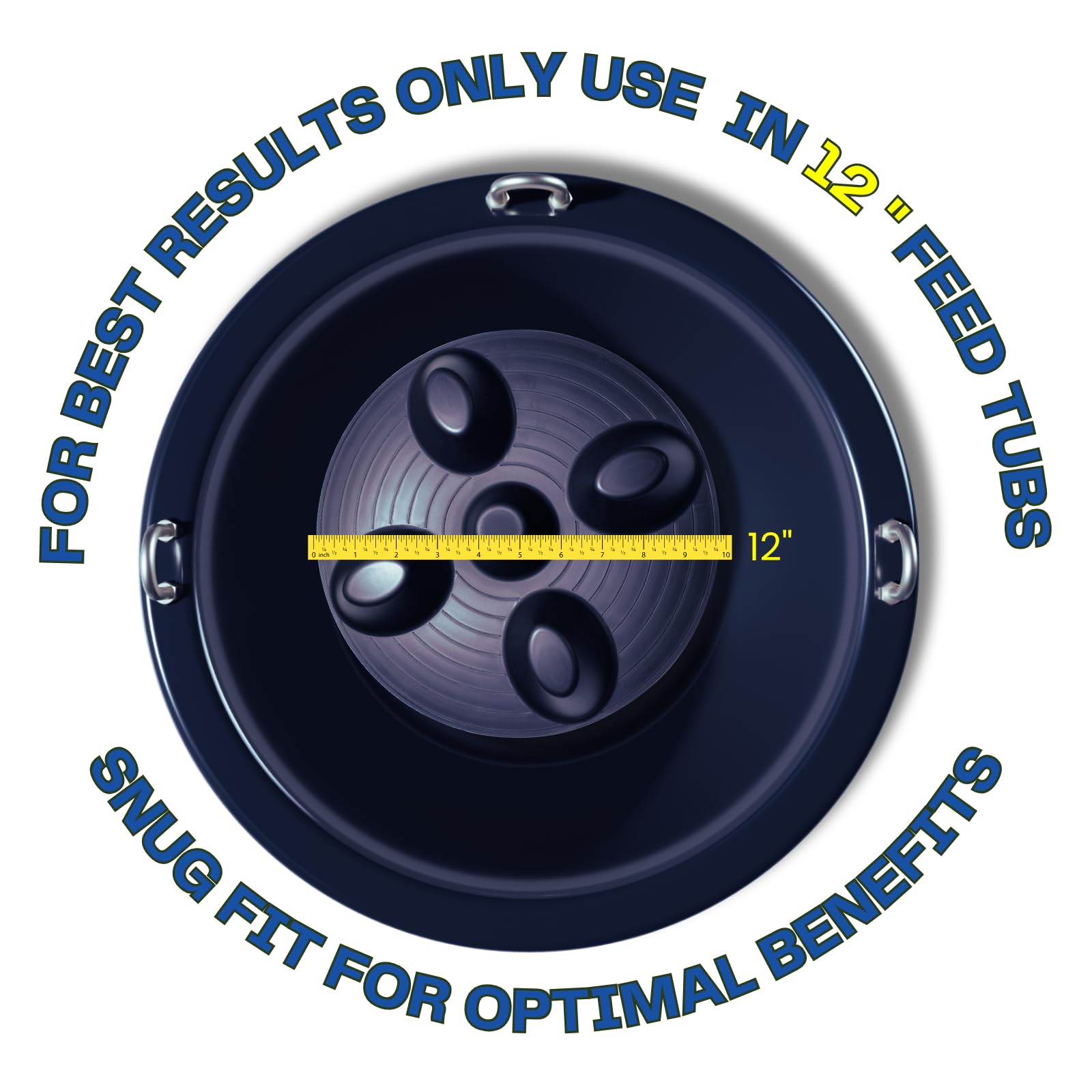 Drop 'N' Slow 12-inch round feed tub fit demonstrates compatibility with standard tubs for easier setup.