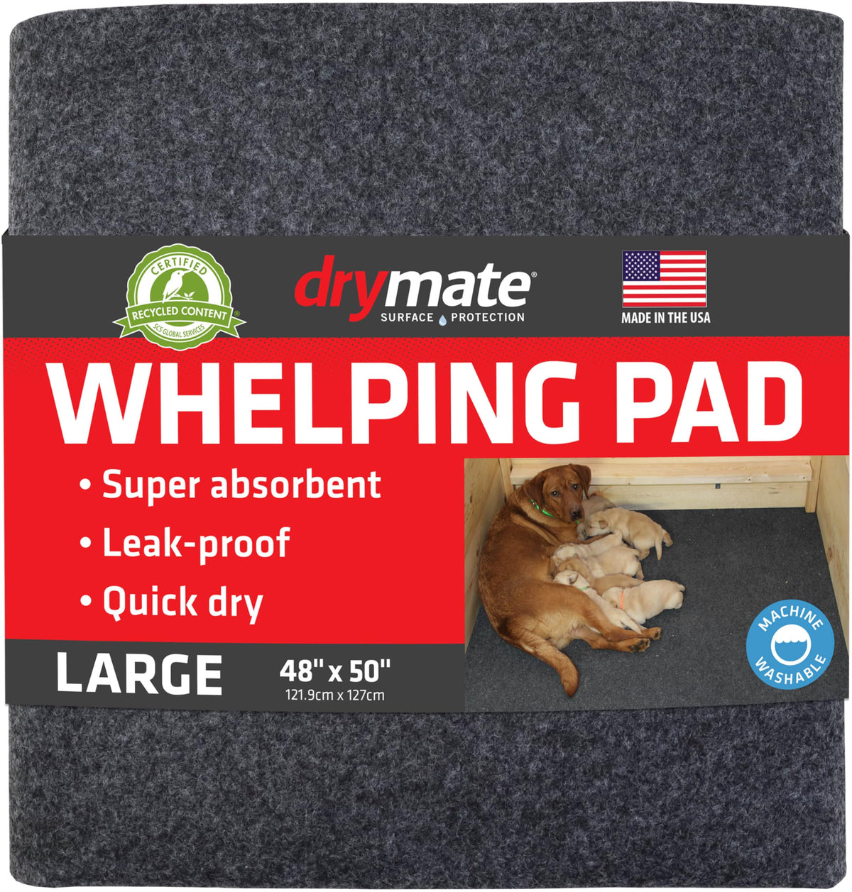 Drymate Whelping Box Liner Mat rolled for portable, absorbent protection during whelping.