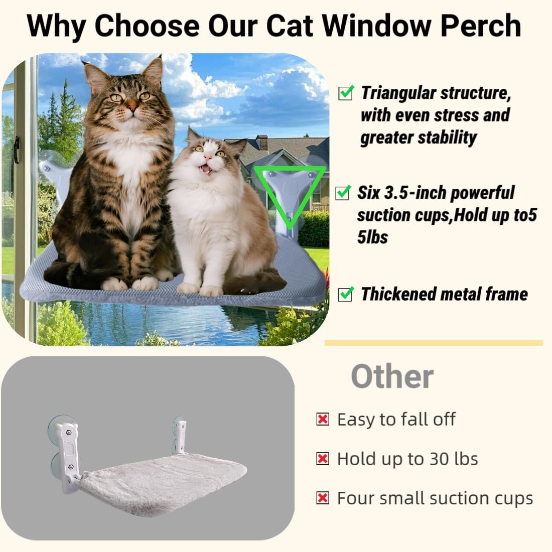 DSCANDYMQ cat window perch hammock suction cups closeup highlights six-point stability for large cats.