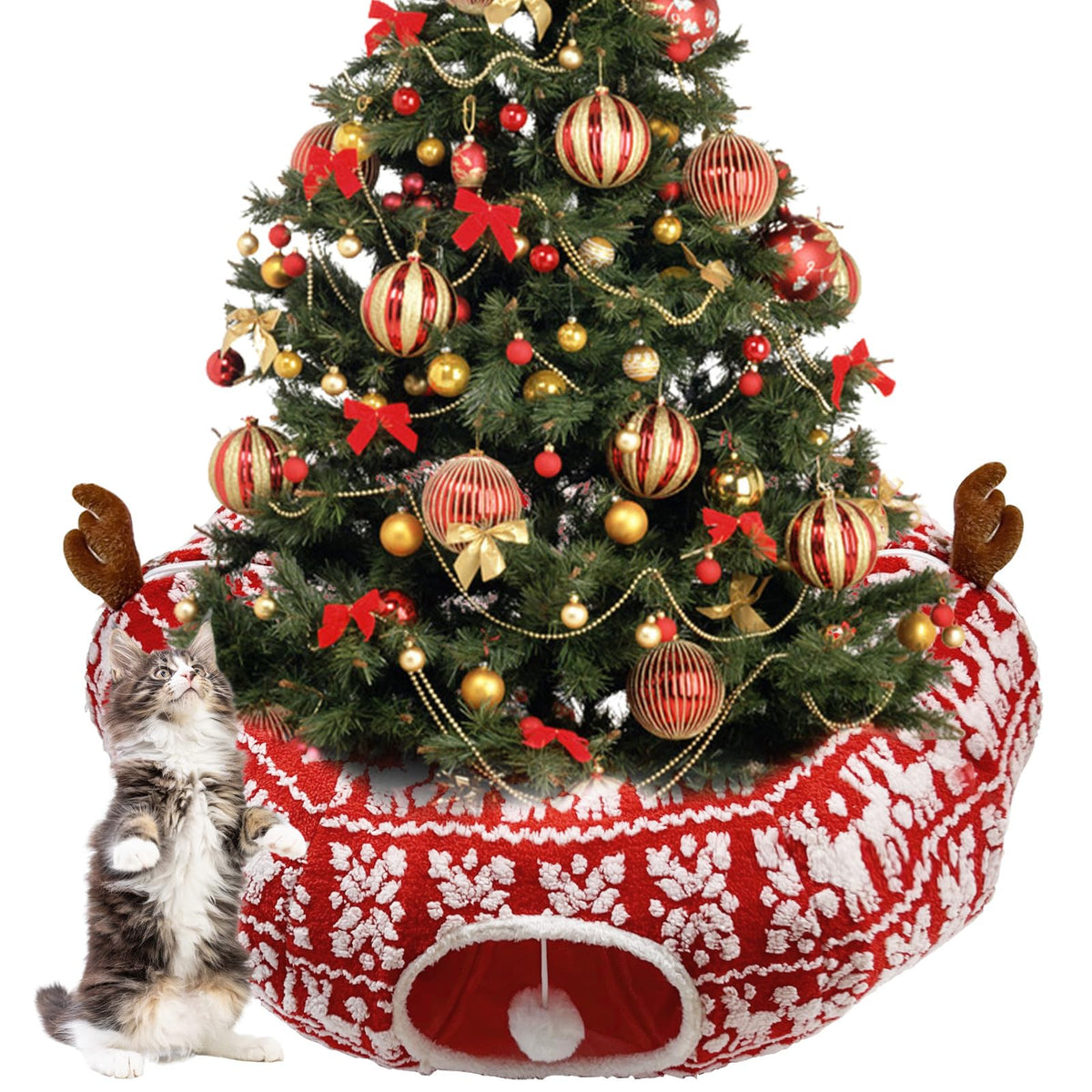 DTGDASCF Cat Donut Tunnel under Christmas tree creates protective, festive play space for curious cats.