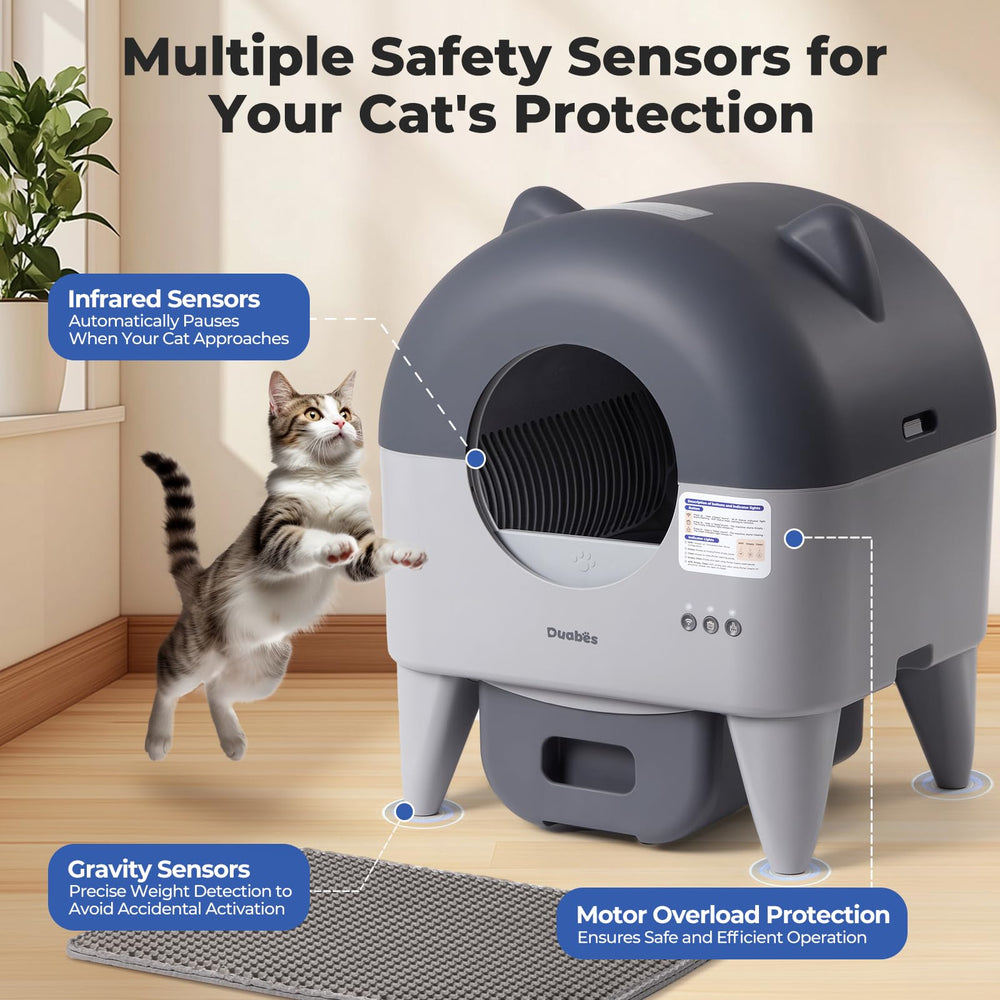 Duabes infrared and weight sensors safeguard pets during cleaning.