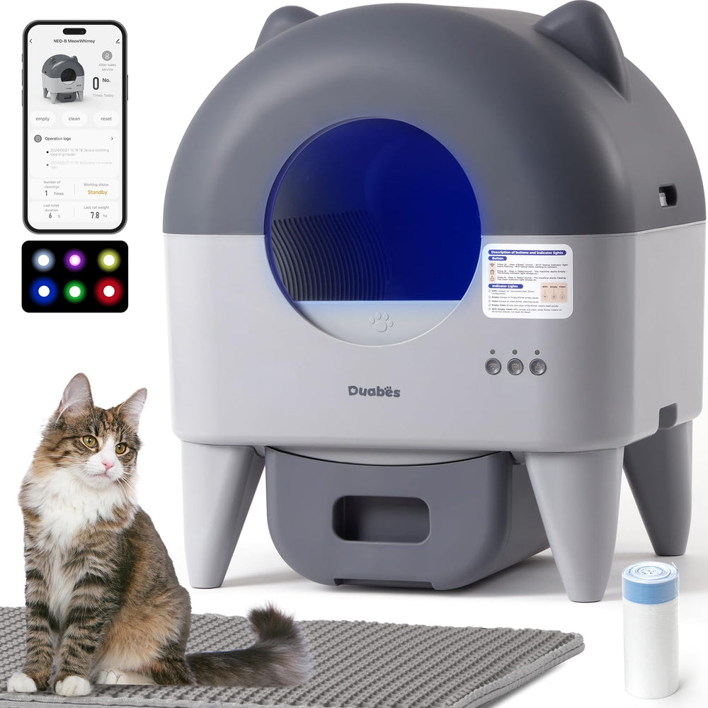 Duabes self-cleaning litter box front view shows easy maintenance and large capacity.