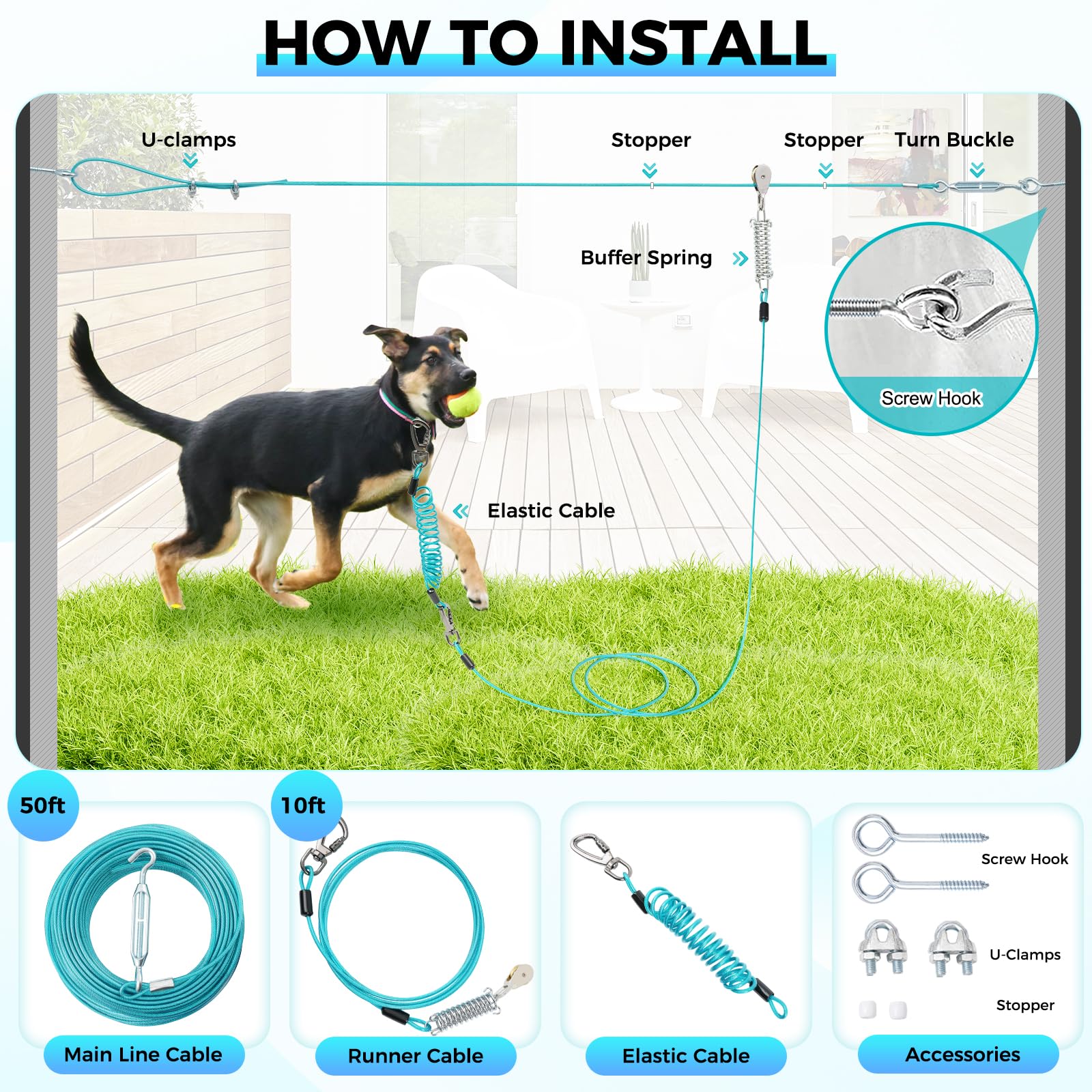 Duckygoo dog-runner swivel pulley enables more roaming space and prevents tangling
