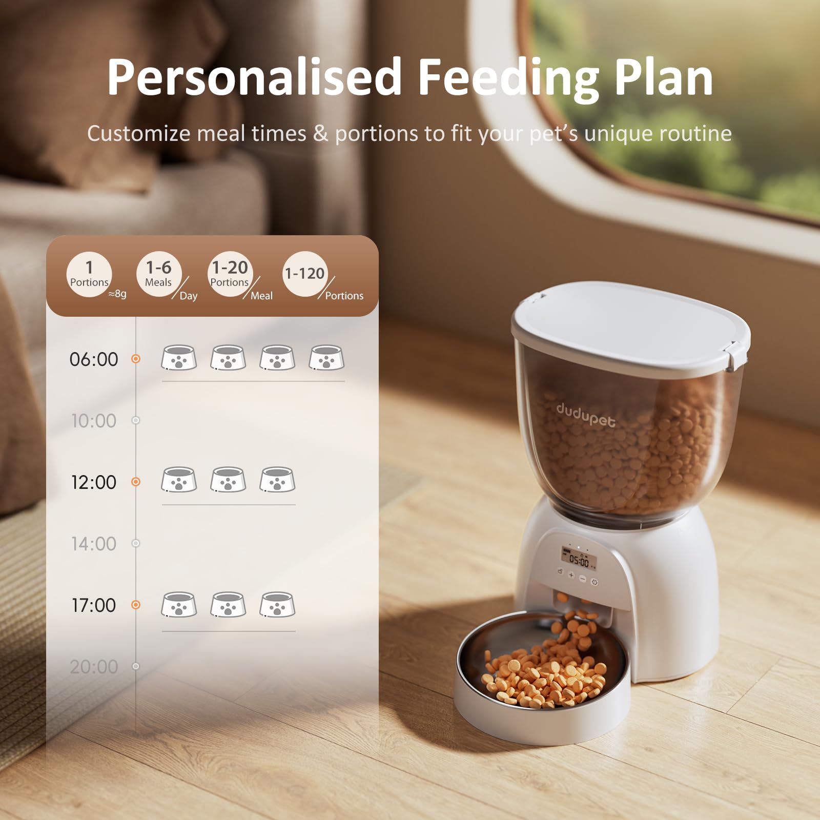 DUDUPET feeder digital LCD display guides easy programming for daily meals.