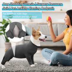 Due Felice dog onesie back view highlights secure fit and full coverage
