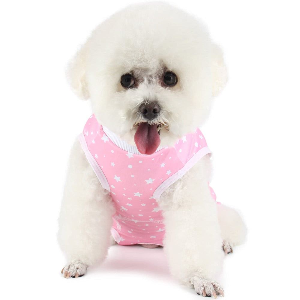 Due Felice dog surgery suit pink star front view aids gentle post-op recovery and comfort