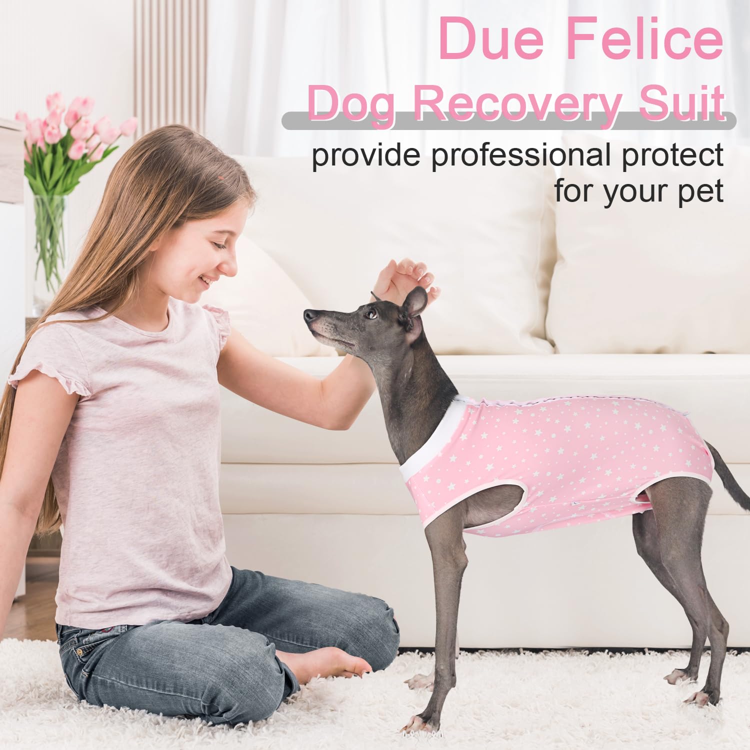 Due Felice dog surgery suit rear opening allows litter and meal breaks without removal