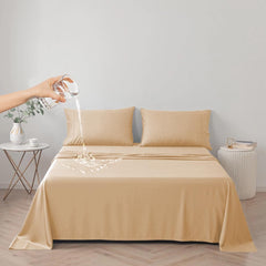DUJUIKE waterproof bed cover on apricot-yellow queen bed protects against spills.