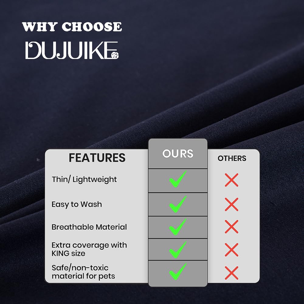 DUJUIKE waterproof bed cover cleaning setup highlights machine washable and quick dry.