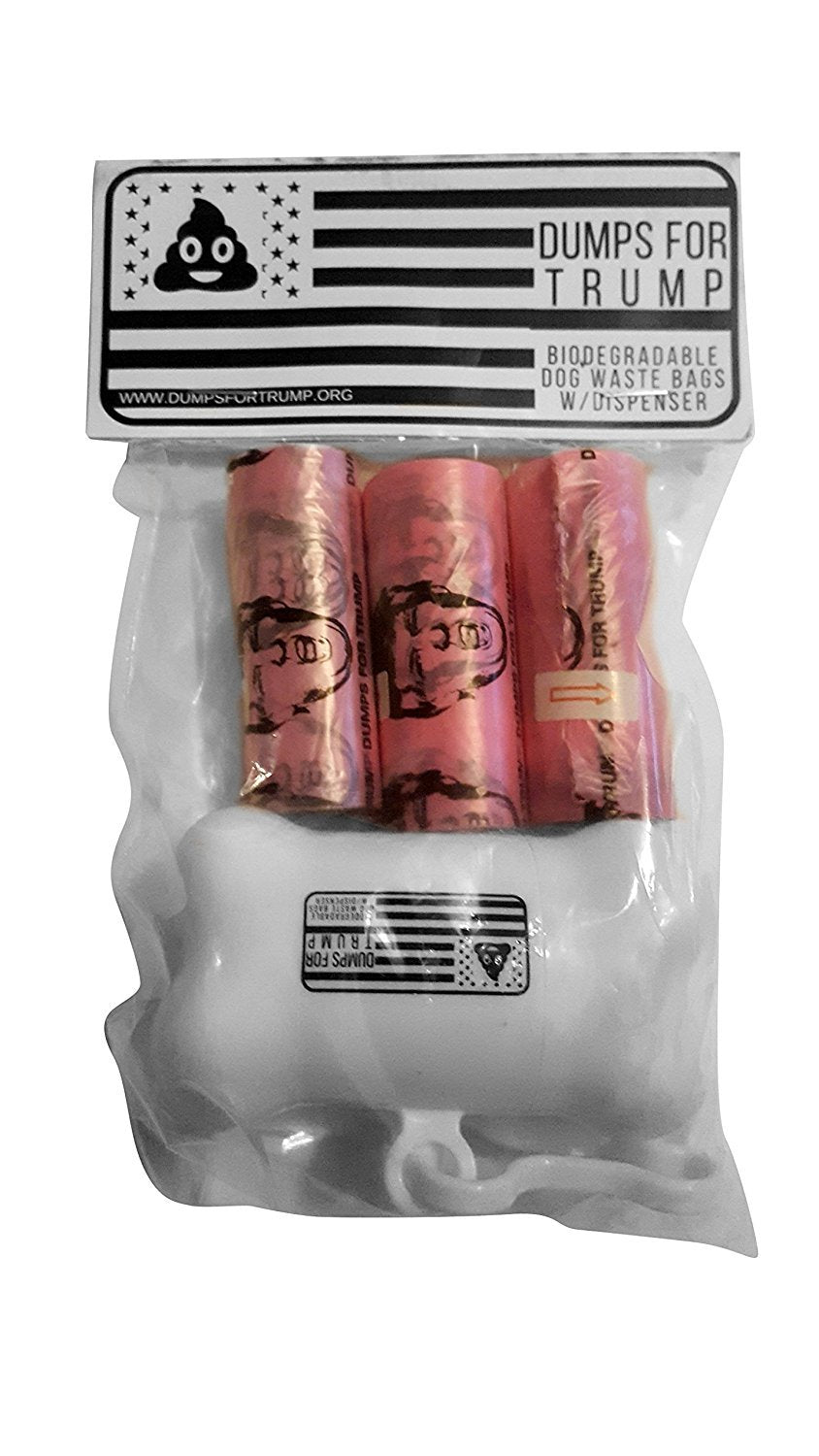 Dumps for Trump dispenser keeps dog cleanup quick and neat on walks.