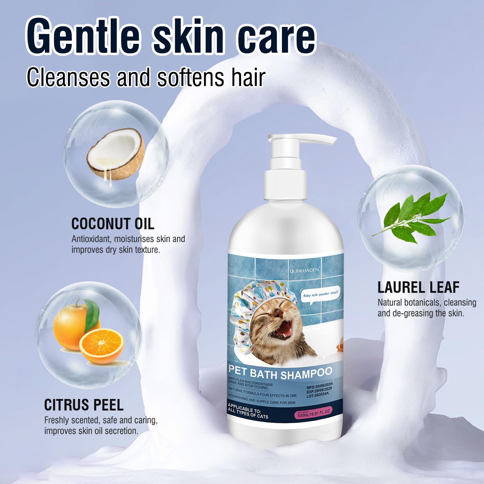 DUNKHADEN cat shampoo foam application highlights easy bath time and soft fur.