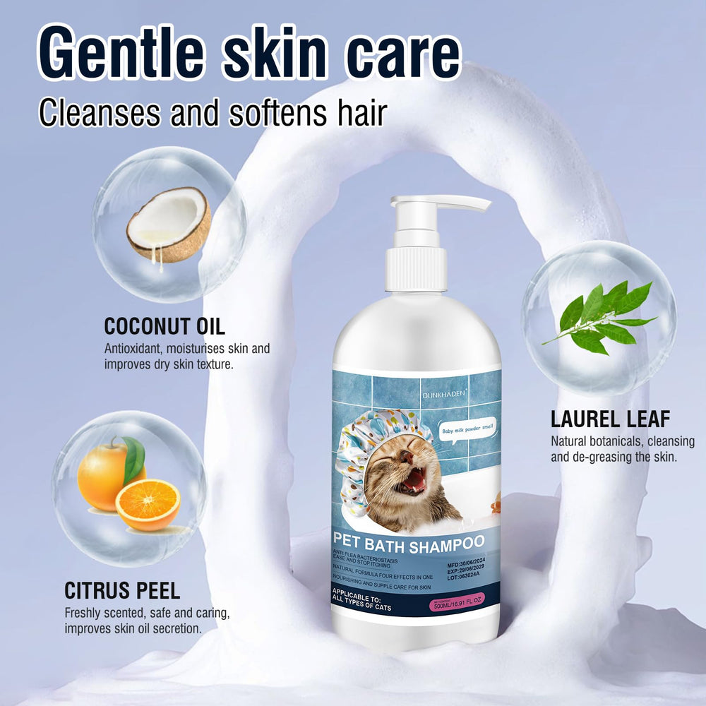 DUNKHADEN cat shampoo foam application highlights easy bath time and soft fur.
