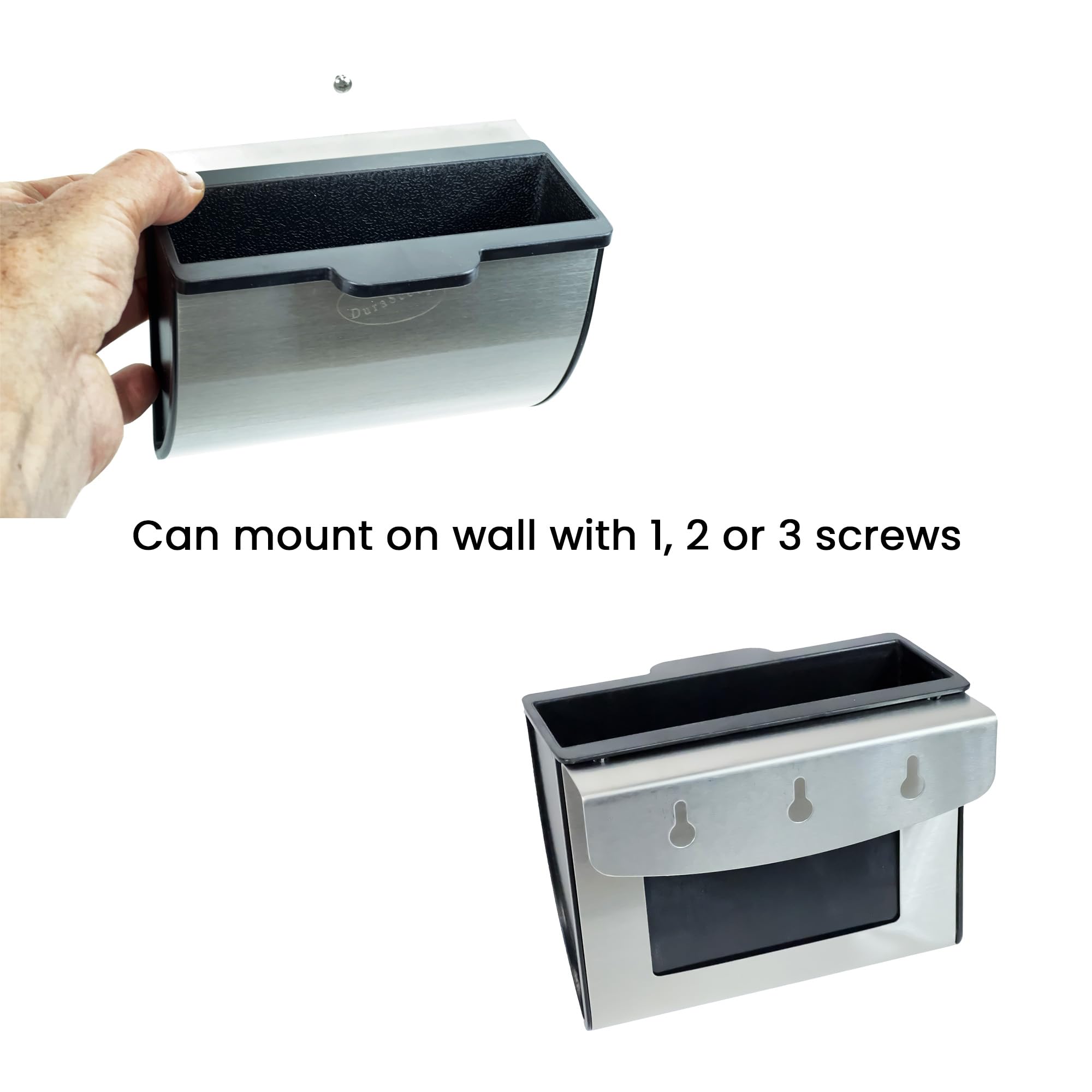 DuraScoop scoop caddy hanging-on-pan image emphasizes versatile mounting options.