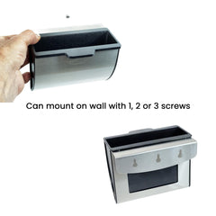 DuraScoop scoop caddy hanging-on-pan image emphasizes versatile mounting options.