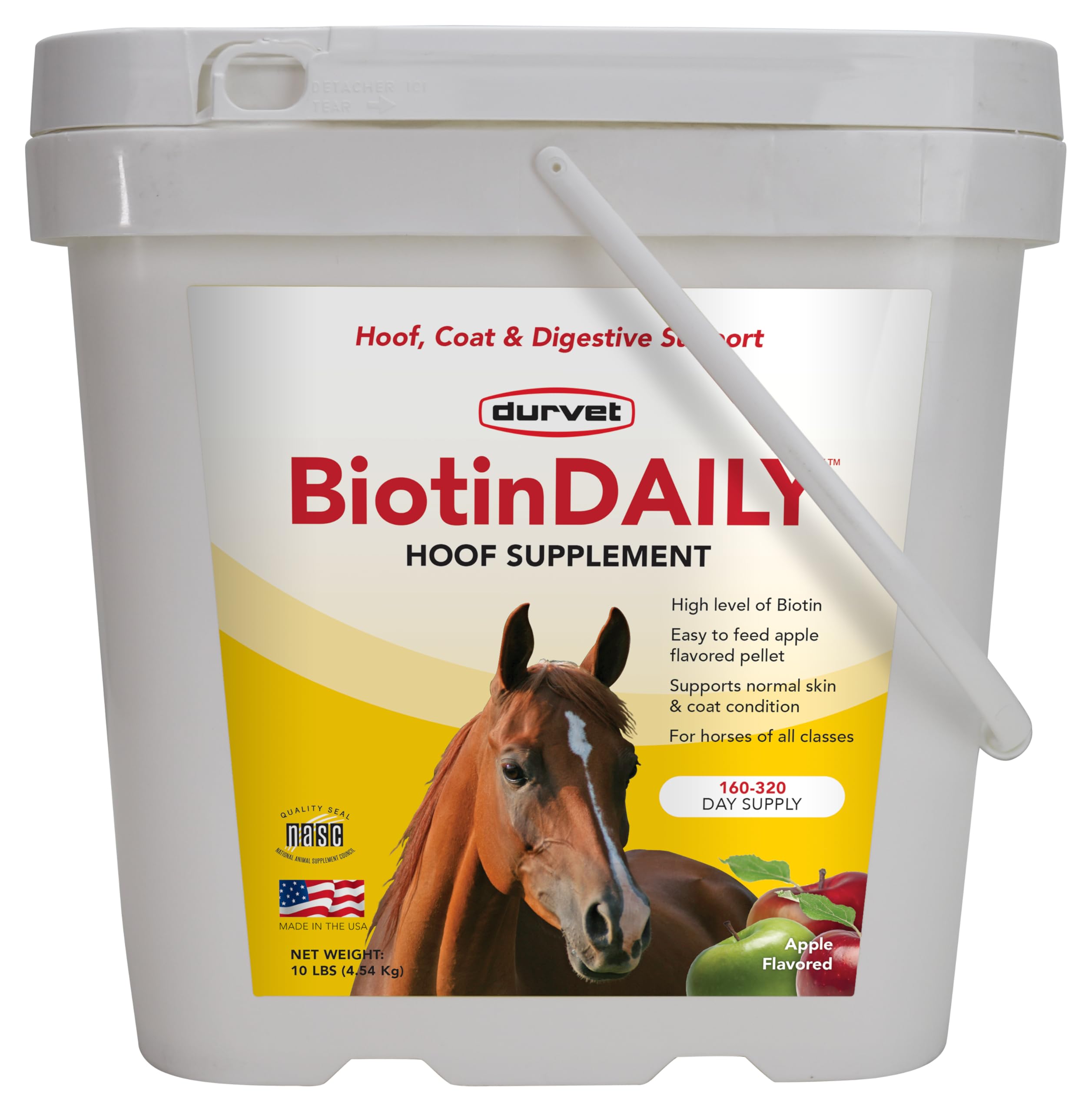 Durvet BIOTIN Daily 10lb bag front highlights hoof support benefits