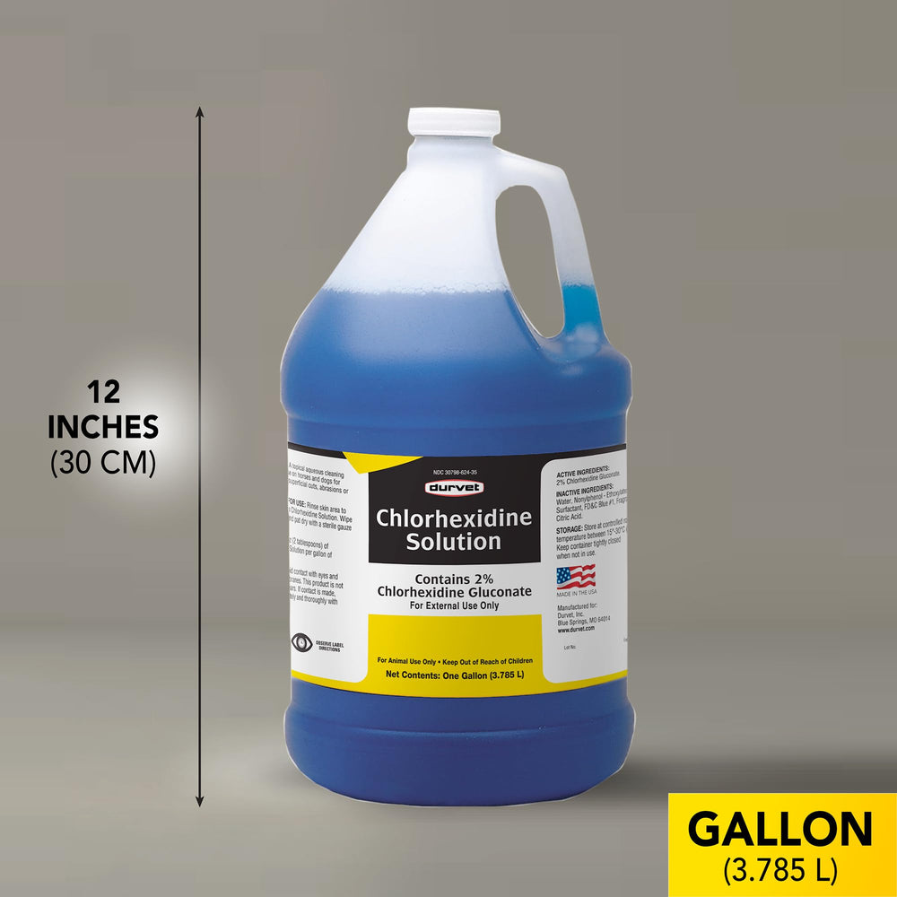 Durvet chlorhexidine 2% bottle with pour spout for easy application during routine care