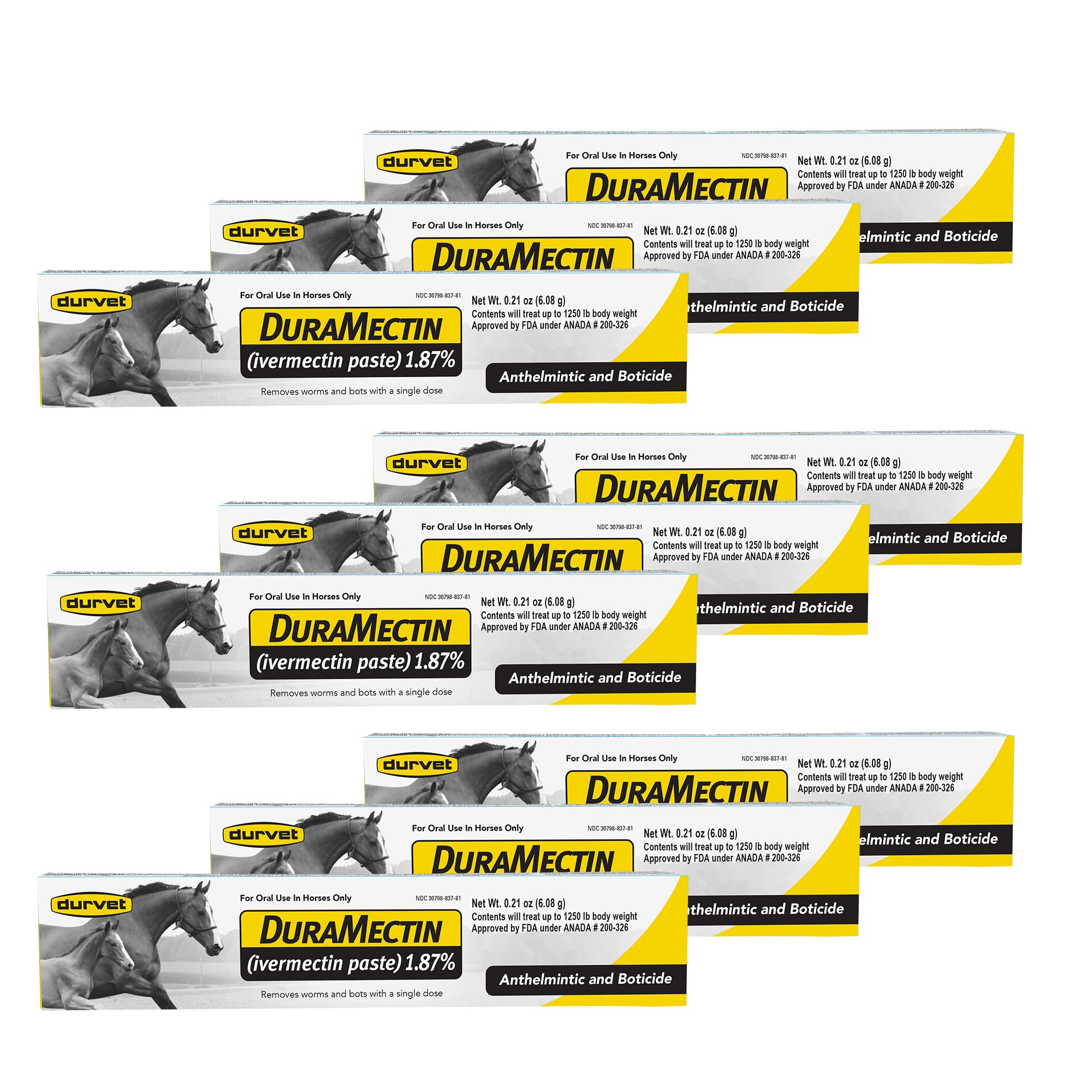 Duramectin bottle label highlights ivermectin content and horse parasite control.