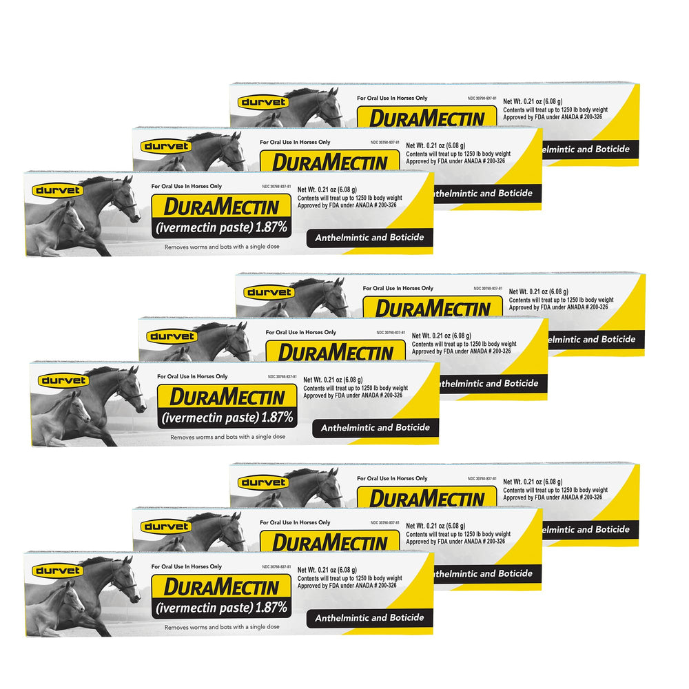 Duramectin bottle label highlights ivermectin content and horse parasite control.