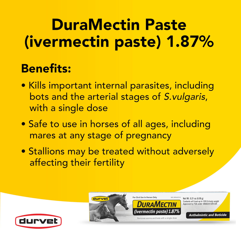 Durvet packaging shows single-dose dewormer for horses.