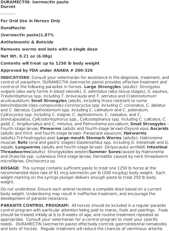 Durvet Duramectin paste dosing syringe shows easy administration for a single-dose parasite treatment.