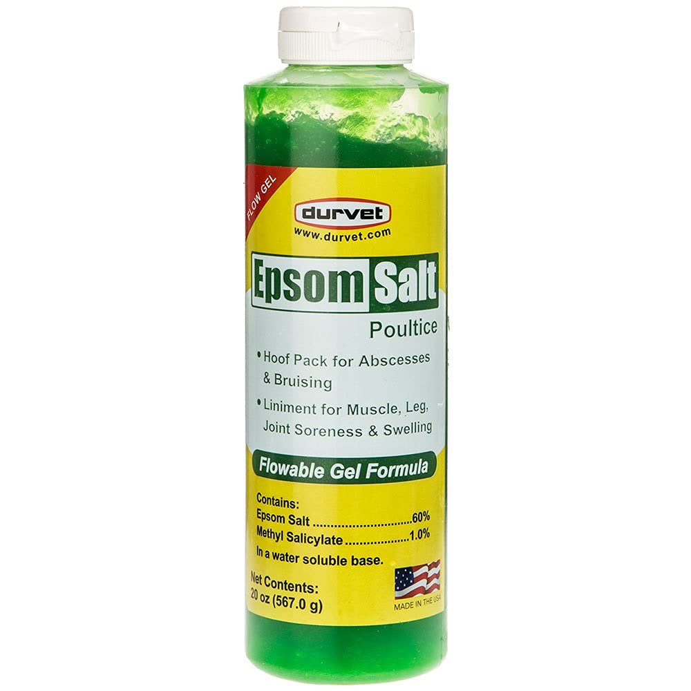 Durvet Epsom Salt Poultice Flow Gel 20oz applied to leg for swelling support.