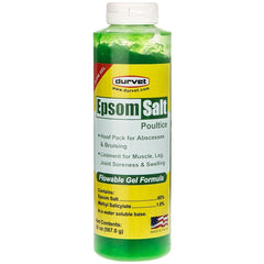 Durvet Epsom Salt Poultice Flow Gel 20oz applied to leg for swelling support.