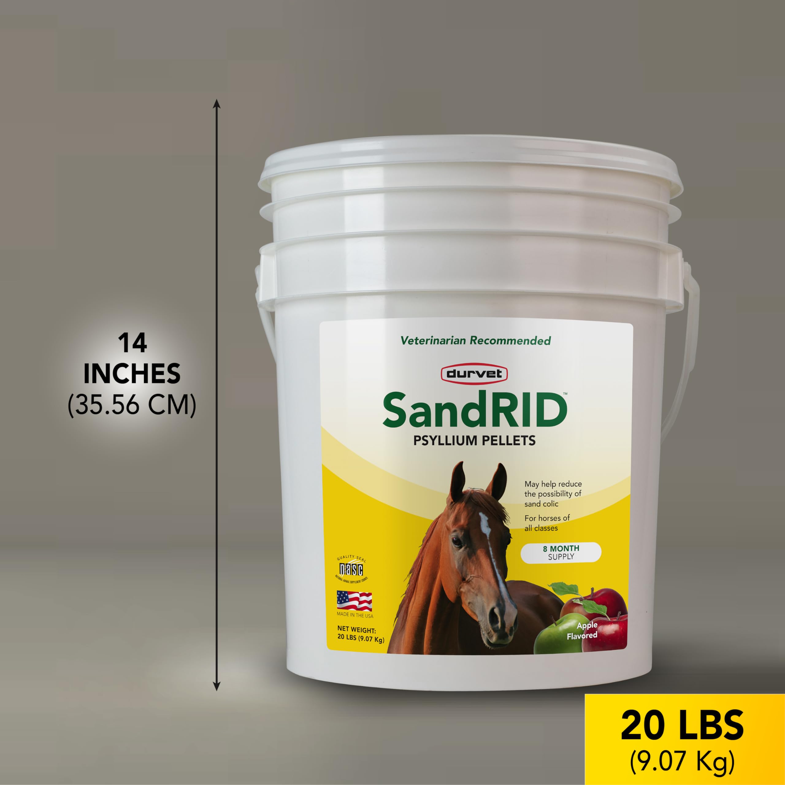 Durvet Sandrid Psyllium Pellets apple-flavor closeup highlights easy administration for horses.