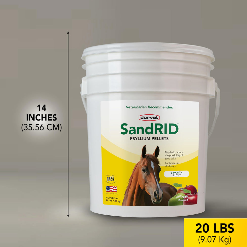 Durvet Sandrid Psyllium Pellets apple-flavor closeup highlights easy administration for horses.