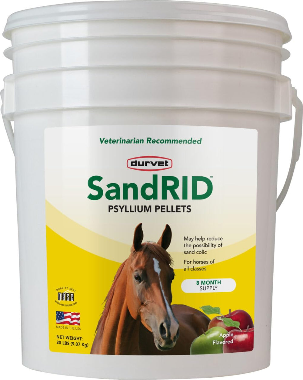 Durvet Sandrid Psyllium Pellets bag on shelf supports digestion and sand management.