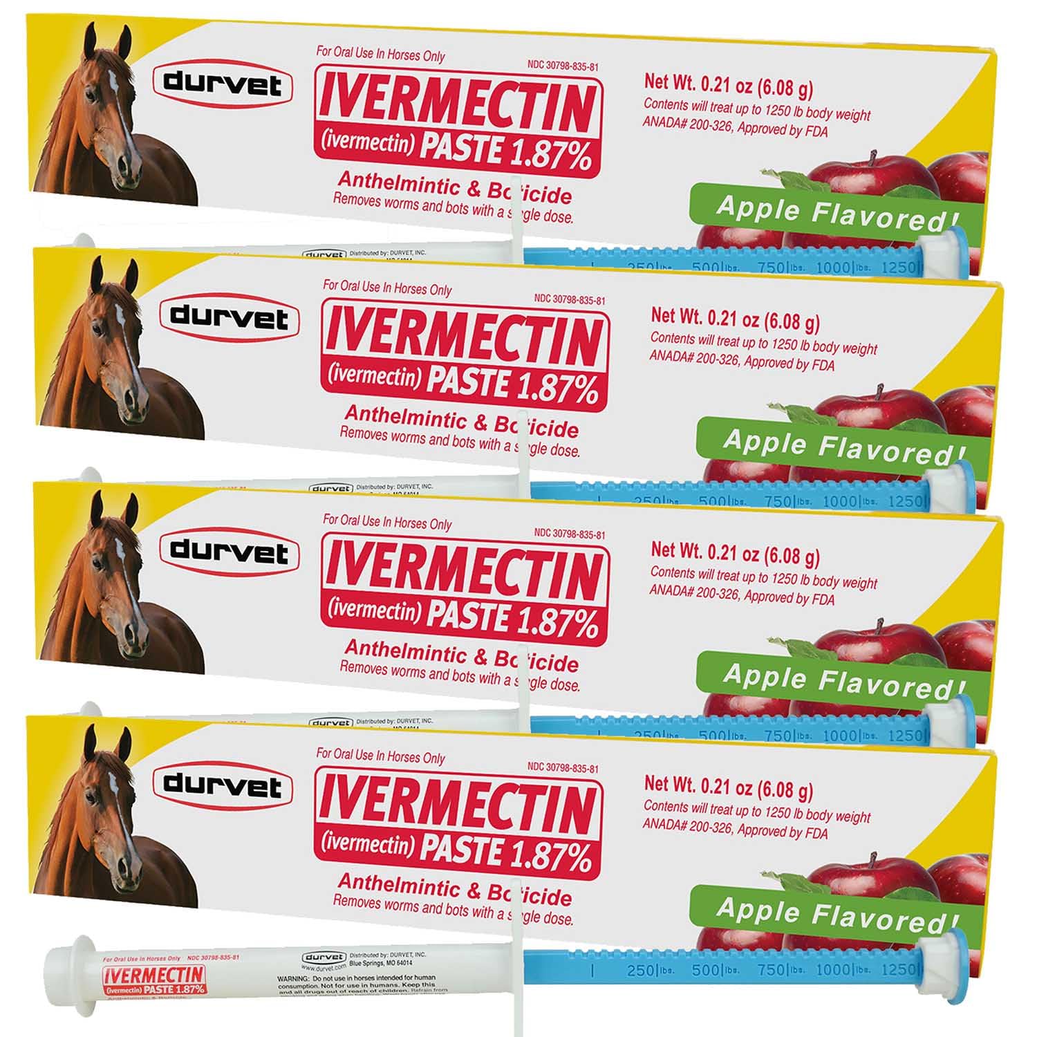 Durvet Ivermectin 4-Pack paste gel for easy administration and parasite protection.