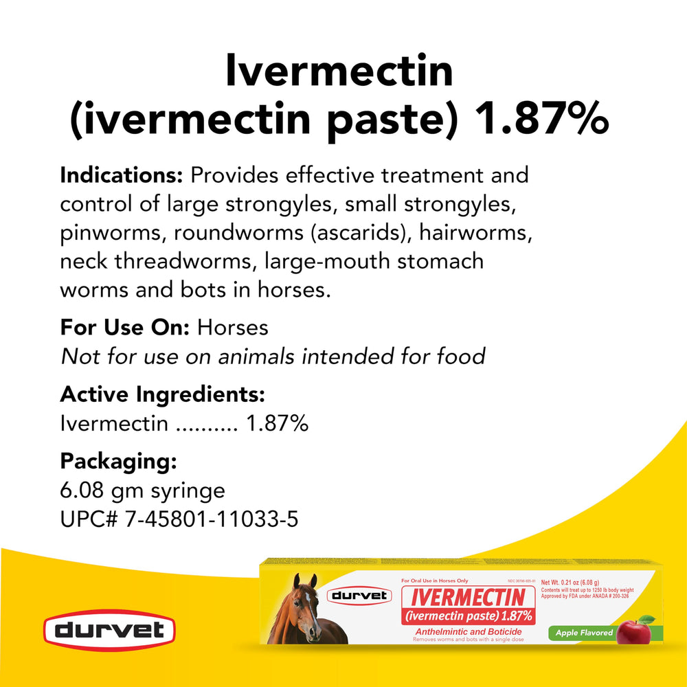 Durvet ivermectin paste apple-flavored dispensing syringe demonstrates precise dosing.