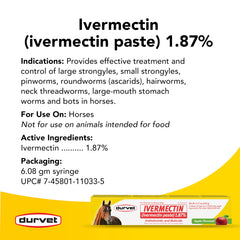 Durvet ivermectin paste apple-flavored dispensing syringe demonstrates precise dosing.