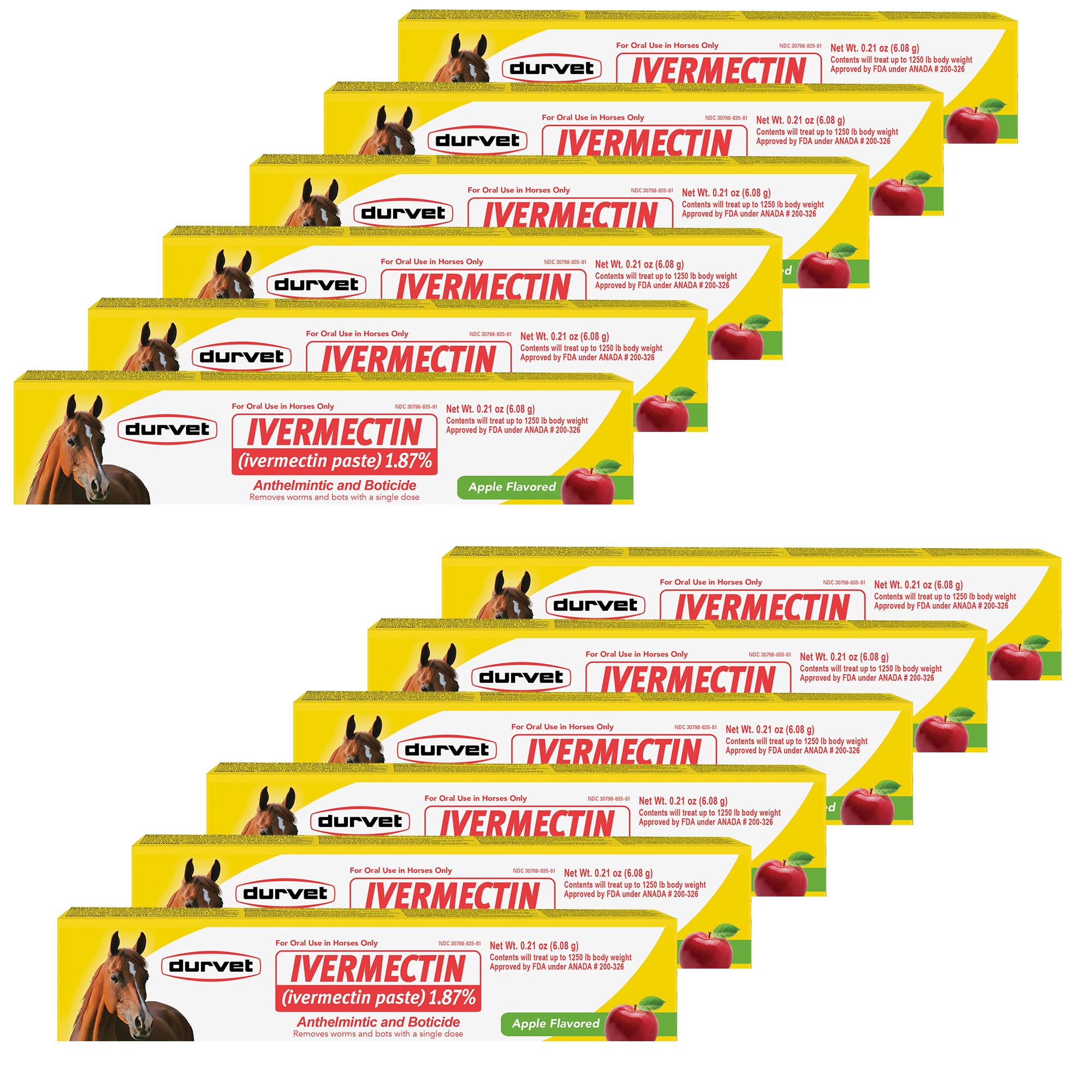 Durvet ivermectin paste apple-flavored syringe ready for easy equine dosing.