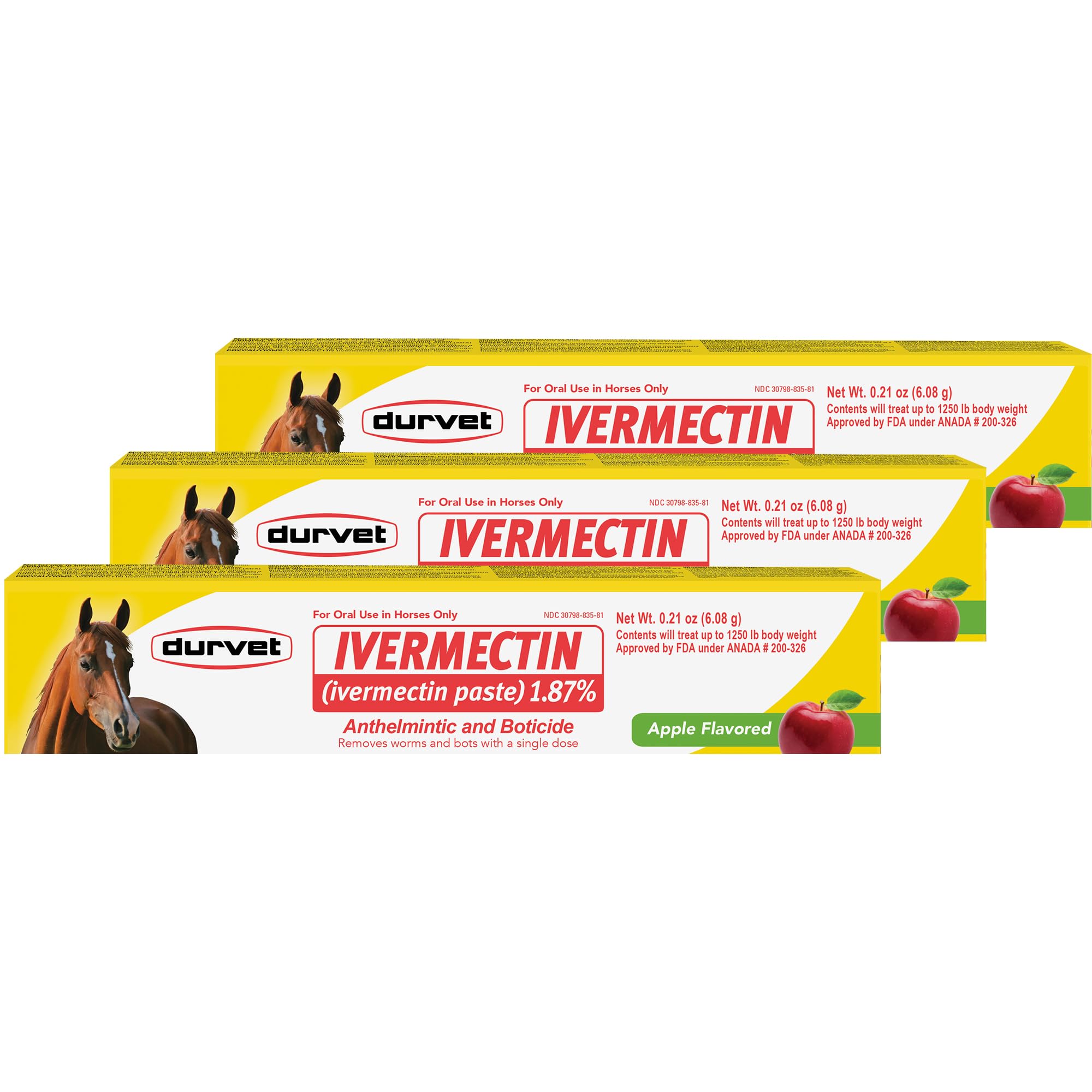 Durvet ivermectin paste bottle ready for equine parasite control with apple flavor.