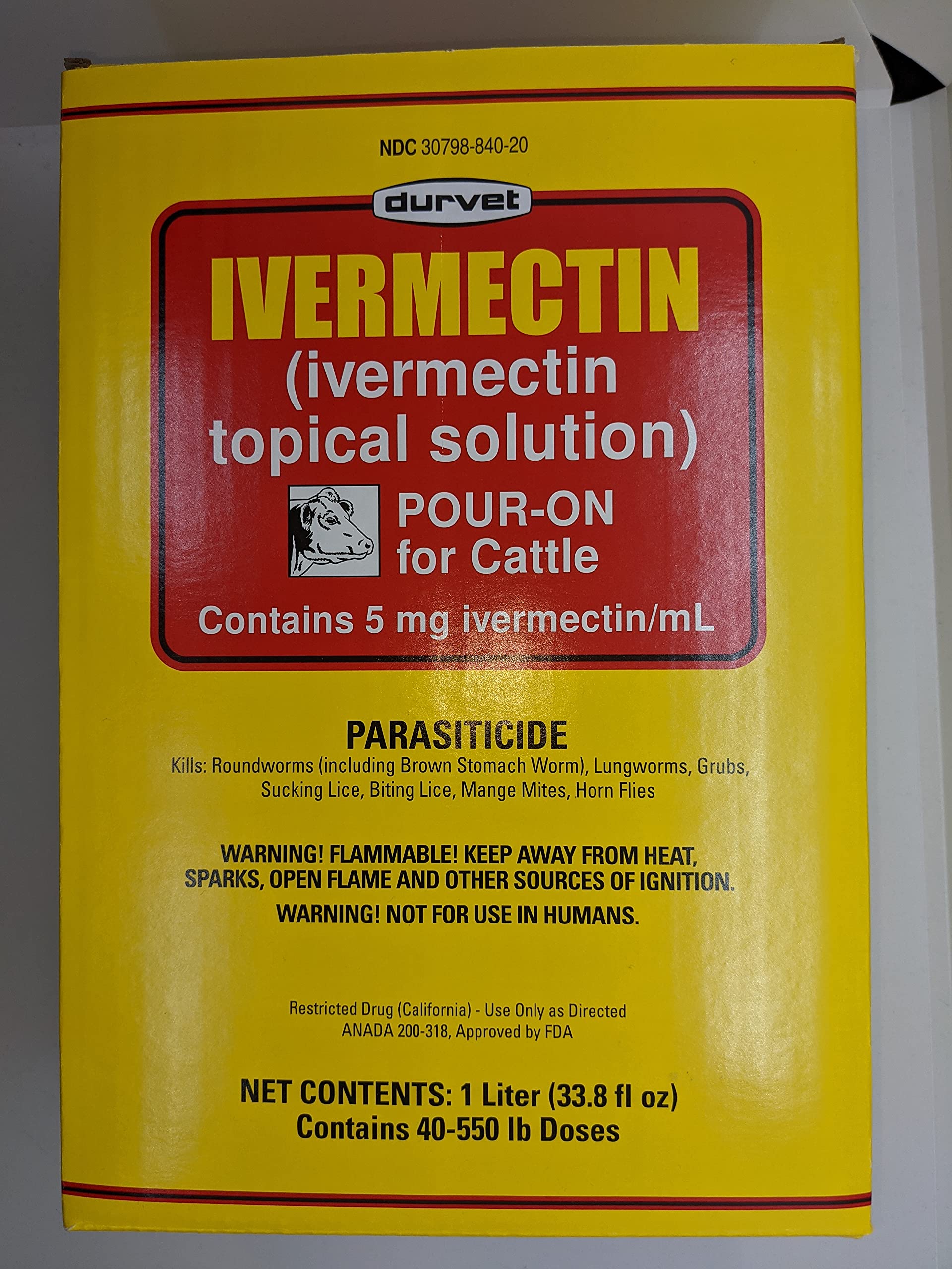 Durvet Ivermectin pour-on bottle closeup showing easy dosage and handling.