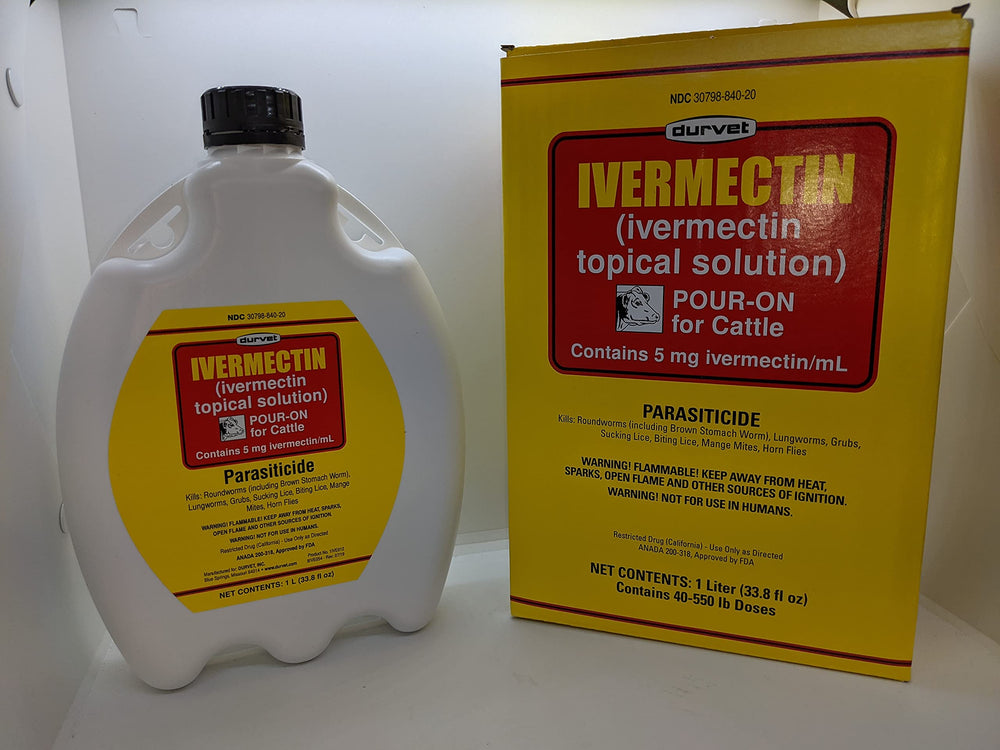 Durvet Ivermectin pour-on cattle 1000ml for convenient field application.