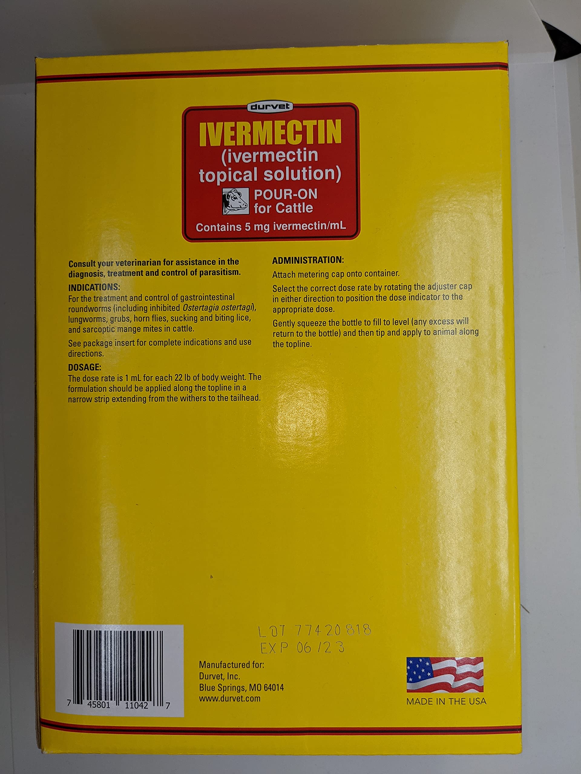 Durvet Ivermectin pour-on dosage shelf display for veterinarians and farmers.